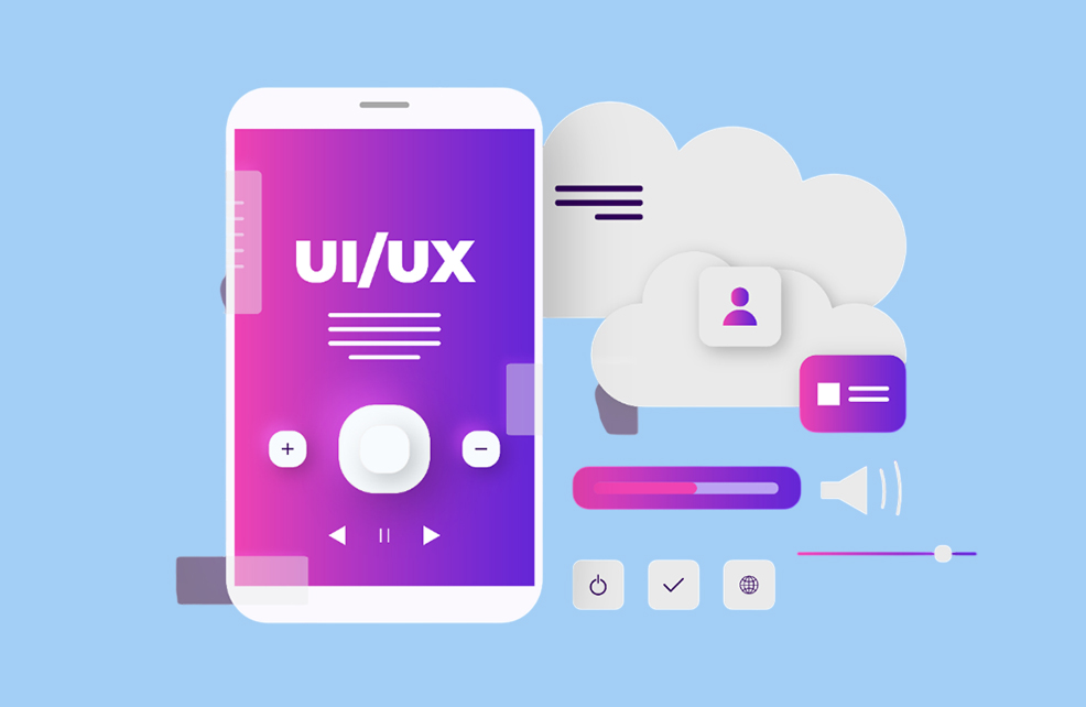 A smartphone screen displaying 'UI/UX' with cloud elements.