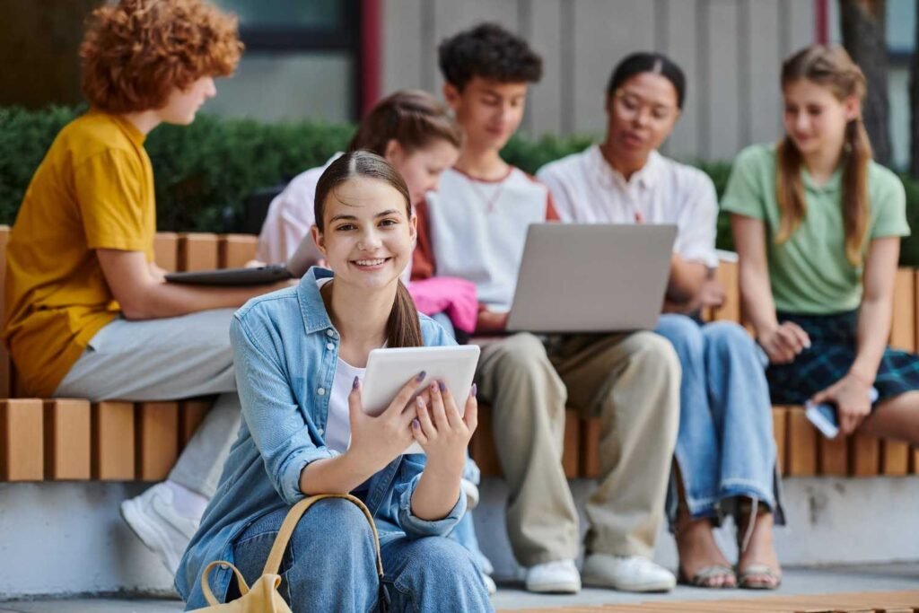  A cheerful young woman holding a digital tablet, sitting with a group of students working on laptops, symbolizing collaboration and learning, representing innovative digital marketing services in Kochi