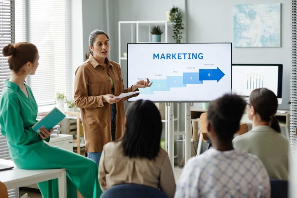 A professional presenting a marketing strategy to a team, with a step-by-step process displayed on a screen, representing collaborative and innovative digital marketing services in Kochi