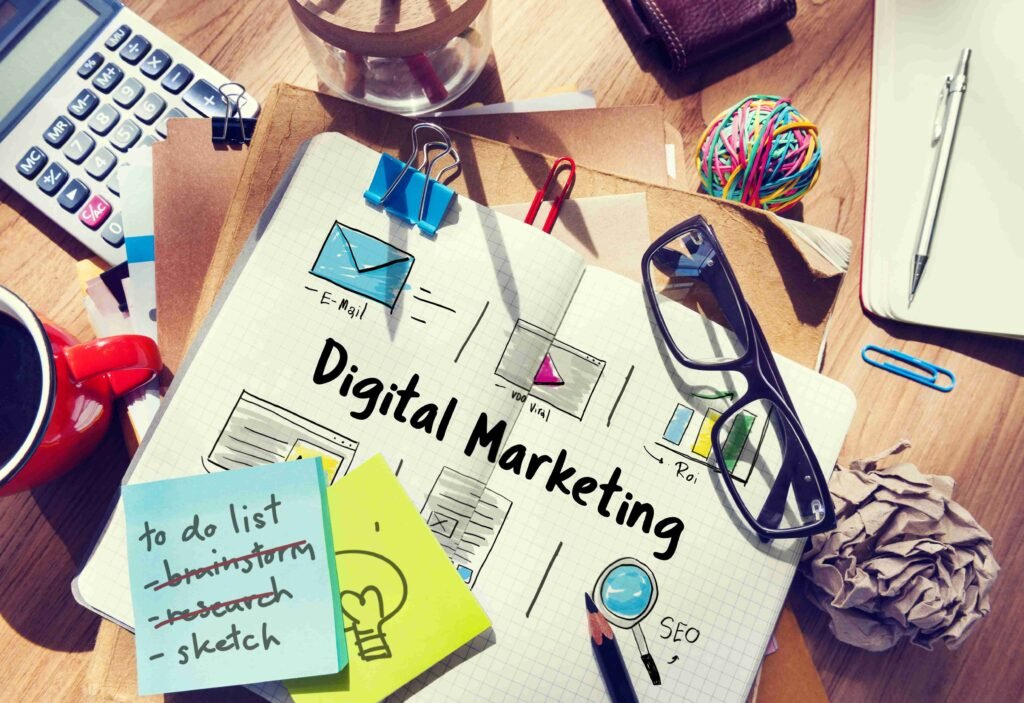 A desk setup showcasing digital marketing ideas, including SEO