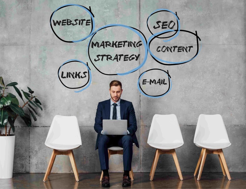 A corkboard displaying key digital marketing concepts