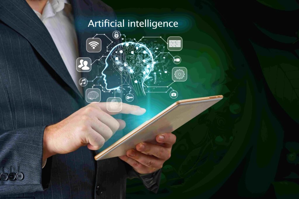 A businessman uses a tablet with an AI hologram display. - Marketing and Digital Marketing Services