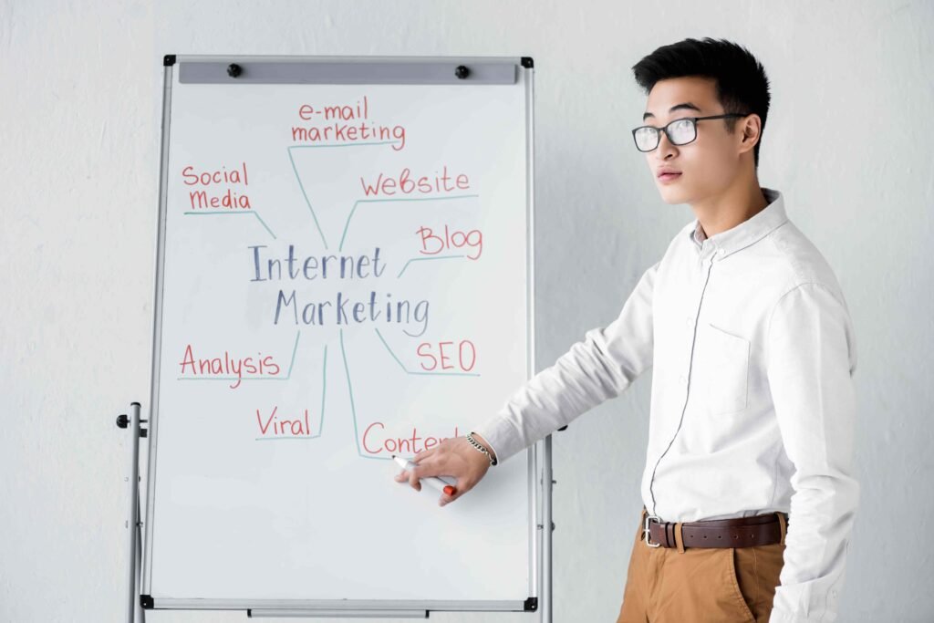 Man in glasses presenting an internet marketing strategy -  best digital marketing company in Kochi