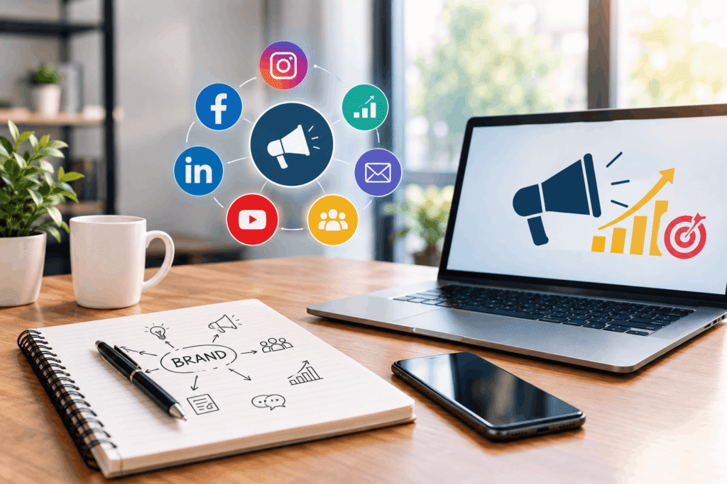 Digital marketing workspace with social media icons.